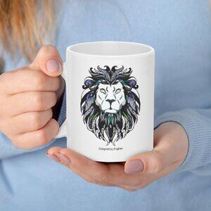 White Ceramic Mug with Decorative Multicolor Lion Graphic